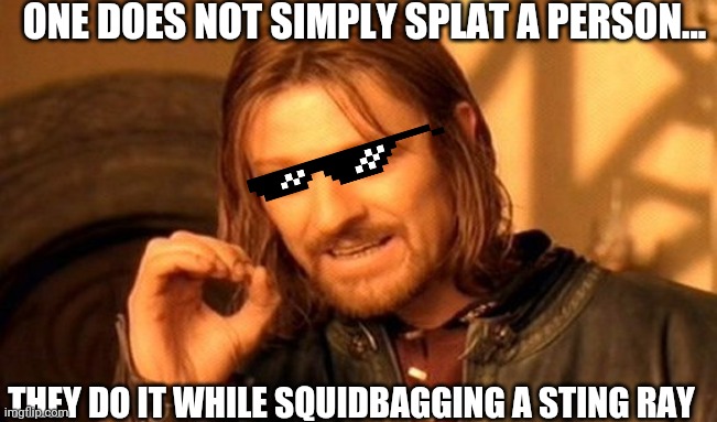 Squidbag Suprememeee | ONE DOES NOT SIMPLY SPLAT A PERSON... THEY DO IT WHILE SQUIDBAGGING A STING RAY | image tagged in memes,one does not simply | made w/ Imgflip meme maker