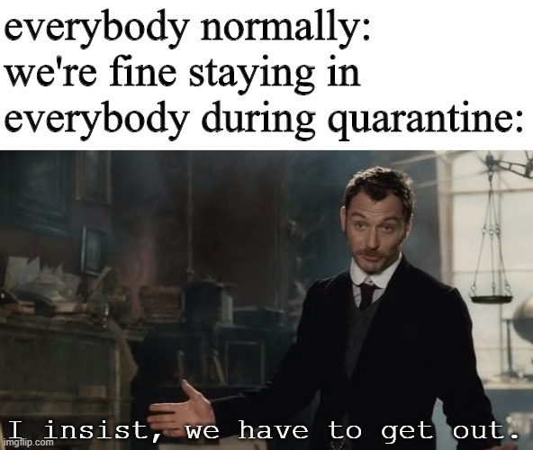 sorry i've been gone for a while if you cared | everybody normally: we're fine staying in
everybody during quarantine:; I insist, we have to get out. | image tagged in i insist you have to get out | made w/ Imgflip meme maker