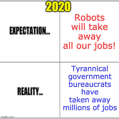 They're trying to break the economy in hopes Trump will be blamed for their actions. | 2020; Robots will take away all our jobs! Tyrannical government bureaucrats have taken away millions of jobs | image tagged in expectation vs reality,jobs,2020,covid-19,politicians suck,tyranny | made w/ Imgflip meme maker