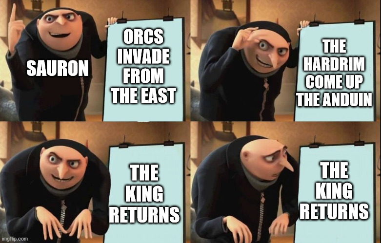 Sauron's Plan | THE HARDRIM COME UP THE ANDUIN; ORCS INVADE FROM THE EAST; SAURON; THE KING RETURNS; THE KING RETURNS | image tagged in despicable me diabolical plan gru template | made w/ Imgflip meme maker