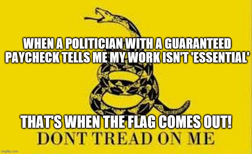 Colonial Flag |  WHEN A POLITICIAN WITH A GUARANTEED PAYCHECK TELLS ME MY WORK ISN'T 'ESSENTIAL'; THAT'S WHEN THE FLAG COMES OUT! | image tagged in colonial flag | made w/ Imgflip meme maker
