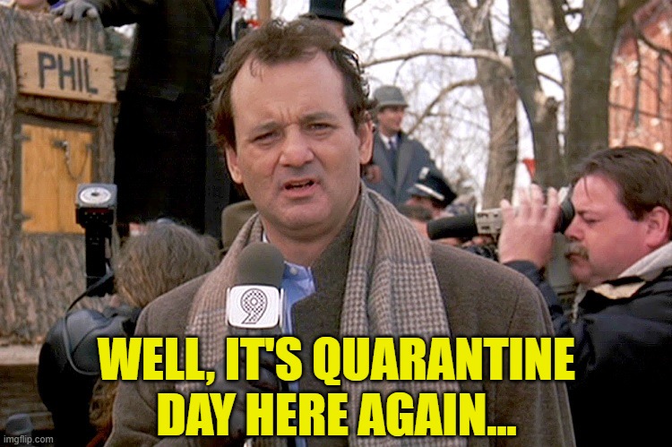 Another Pandemic Day, same as yesterday, and the day before that | WELL, IT'S QUARANTINE DAY HERE AGAIN... | image tagged in funny,groundhog day,bill murray,covid-19,pandemic,quarantine | made w/ Imgflip meme maker