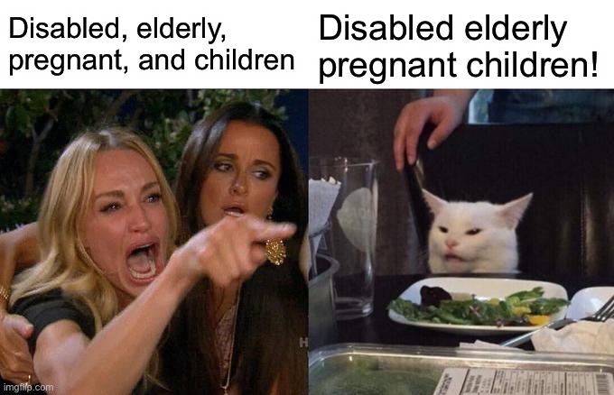 Woman Yelling At Cat Meme | Disabled, elderly, pregnant, and children Disabled elderly pregnant children! | image tagged in memes,woman yelling at cat | made w/ Imgflip meme maker