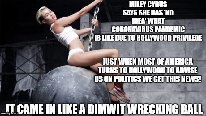 UP-VOTE! HOLLYWOOD STUPIDITY STARTS AT BIRTH. | MILEY CYRUS SAYS SHE HAS 'NO IDEA' WHAT CORONAVIRUS PANDEMIC IS LIKE DUE TO HOLLYWOOD PRIVILEGE; JUST WHEN MOST OF AMERICA TURNS TO HOLLYWOOD TO ADVISE US ON POLITICS WE GET THIS NEWS! IT CAME IN LIKE A DIMWIT WRECKING BALL | image tagged in miley cyrus wreckingball,enough already,covid-19 is real | made w/ Imgflip meme maker