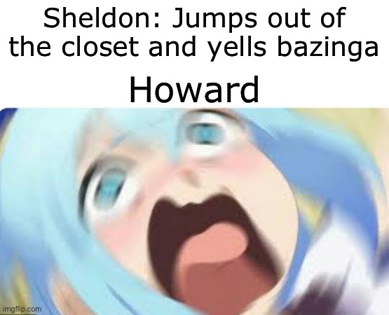 BAZINGA! | Sheldon: Jumps out of the closet and yells bazinga; Howard | image tagged in aqua konosuba | made w/ Imgflip meme maker