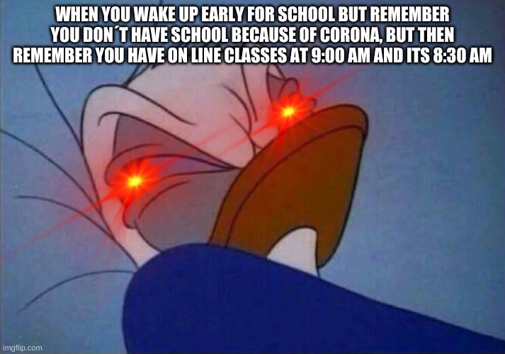 Online School be like... | WHEN YOU WAKE UP EARLY FOR SCHOOL BUT REMEMBER YOU DON´T HAVE SCHOOL BECAUSE OF CORONA, BUT THEN REMEMBER YOU HAVE ON LINE CLASSES AT 9:00 AM AND ITS 8:30 AM | image tagged in coronavirus,donald duck,triggered,online school | made w/ Imgflip meme maker