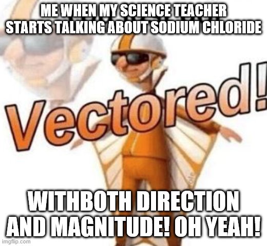 You just got vectored | ME WHEN MY SCIENCE TEACHER STARTS TALKING ABOUT SODIUM CHLORIDE; WITHBOTH DIRECTION AND MAGNITUDE! OH YEAH! | image tagged in you just got vectored | made w/ Imgflip meme maker