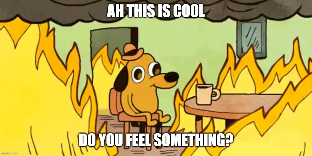 Dog on fire | AH THIS IS COOL; DO YOU FEEL SOMETHING? | image tagged in dog on fire | made w/ Imgflip meme maker