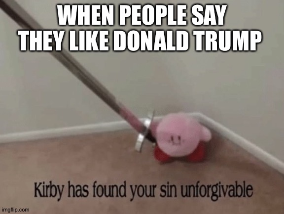 Kirby has found your sin unforgivable | WHEN PEOPLE SAY THEY LIKE DONALD TRUMP | image tagged in kirby has found your sin unforgivable | made w/ Imgflip meme maker