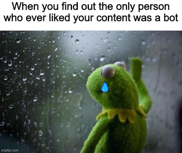 YouTube memes #3 | When you find out the only person who ever liked your content was a bot | image tagged in sad kermit | made w/ Imgflip meme maker