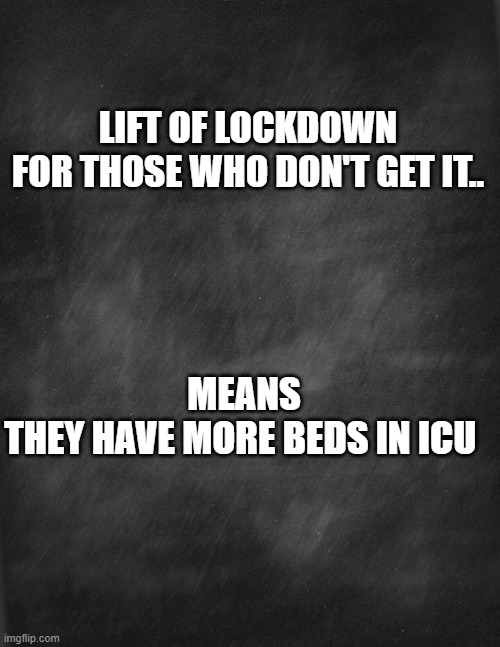 Restrictions | LIFT OF LOCKDOWN
FOR THOSE WHO DON'T GET IT.. MEANS
THEY HAVE MORE BEDS IN ICU | image tagged in black blank,coronavirus,lockdown | made w/ Imgflip meme maker