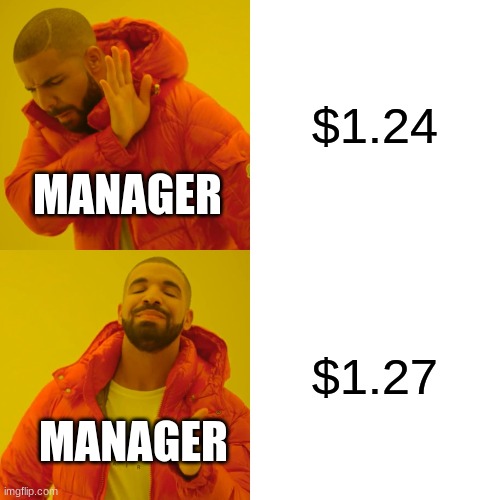 Drake Hotline Bling Meme | $1.24 $1.27 MANAGER MANAGER | image tagged in memes,drake hotline bling | made w/ Imgflip meme maker