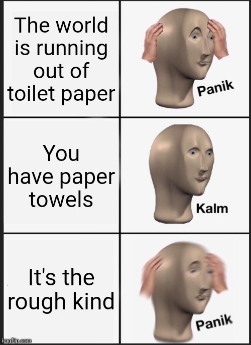 Panik Kalm Panik Meme | The world is running out of toilet paper; You have paper towels; It's the rough kind | image tagged in memes,panik kalm panik | made w/ Imgflip meme maker