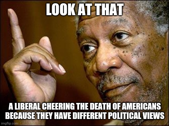 This Morgan Freeman | LOOK AT THAT A LIBERAL CHEERING THE DEATH OF AMERICANS BECAUSE THEY HAVE DIFFERENT POLITICAL VIEWS | image tagged in this morgan freeman | made w/ Imgflip meme maker