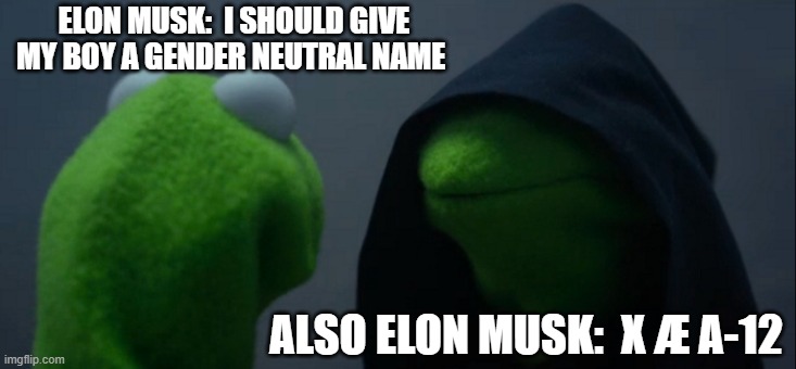Celebrity baby names have gotten out of hand | ELON MUSK:  I SHOULD GIVE MY BOY A GENDER NEUTRAL NAME; ALSO ELON MUSK:  X Æ A-12 | image tagged in memes,evil kermit,funny,elon musk,baby,funny names | made w/ Imgflip meme maker