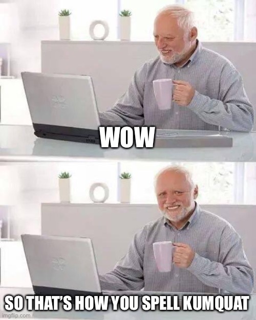 Hide the Pain Harold | WOW; SO THAT’S HOW YOU SPELL KUMQUAT | image tagged in memes,hide the pain harold | made w/ Imgflip meme maker