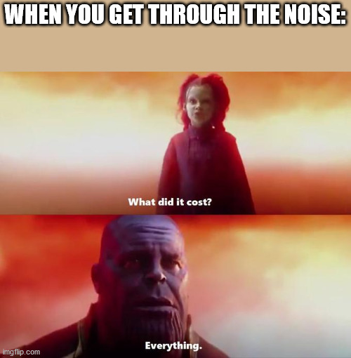 what did it cost | WHEN YOU GET THROUGH THE NOISE: | image tagged in what did it cost | made w/ Imgflip meme maker