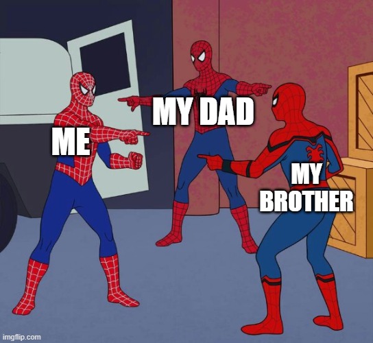 Spider Man Triple | MY DAD; ME; MY BROTHER | image tagged in spider man triple | made w/ Imgflip meme maker