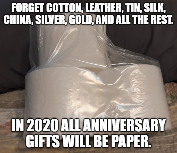 2020 Anniversary Gift | FORGET COTTON, LEATHER, TIN, SILK, CHINA, SILVER, GOLD, AND ALL THE REST. IN 2020 ALL ANNIVERSARY GIFTS WILL BE PAPER. | image tagged in anniversary,gift | made w/ Imgflip meme maker