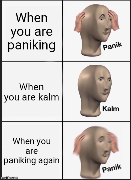 Panik Kalm Panik Meme | When you are paniking; When you are kalm; When you are paniking again | image tagged in memes,panik kalm panik | made w/ Imgflip meme maker