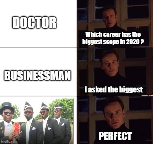 Best career in 2020 | DOCTOR; Which career has the biggest scope in 2020 ? BUSINESSMAN; I asked the biggest; PERFECT | image tagged in best career | made w/ Imgflip meme maker