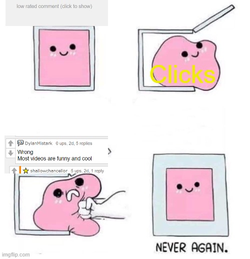 Never again | Clicks | image tagged in never again | made w/ Imgflip meme maker