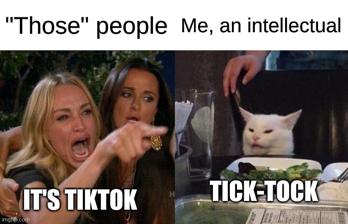 Woman Yelling At Cat | "Those" people; Me, an intellectual; TICK-TOCK; IT'S TIKTOK | image tagged in memes,woman yelling at cat | made w/ Imgflip meme maker