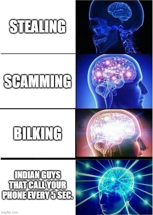 s c a m | STEALING; SCAMMING; BILKING; INDIAN GUYS THAT CALL YOUR PHONE EVERY 5 SEC. | image tagged in memes,expanding brain | made w/ Imgflip meme maker