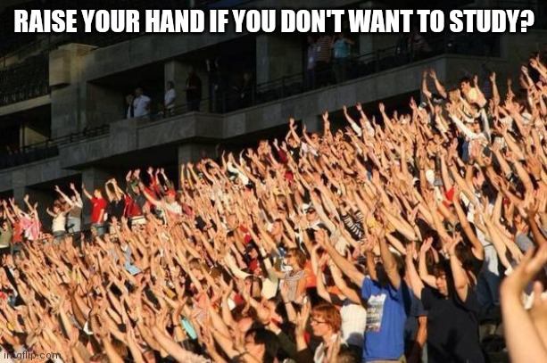 Raise your hand if  | RAISE YOUR HAND IF YOU DON'T WANT TO STUDY? | image tagged in raise your hand if | made w/ Imgflip meme maker