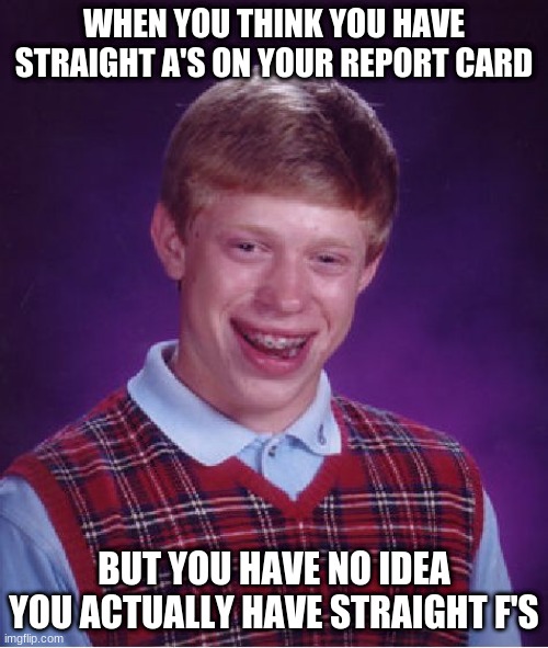 Bad Luck Brian Meme | WHEN YOU THINK YOU HAVE STRAIGHT A'S ON YOUR REPORT CARD; BUT YOU HAVE NO IDEA YOU ACTUALLY HAVE STRAIGHT F'S | image tagged in memes,bad luck brian | made w/ Imgflip meme maker
