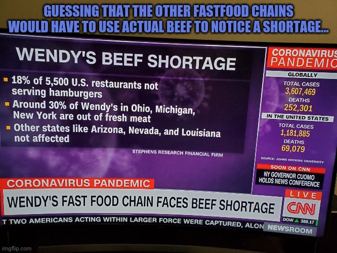 Is Wendy's the only one that uses real beef? | GUESSING THAT THE OTHER FASTFOOD CHAINS WOULD HAVE TO USE ACTUAL BEEF TO NOTICE A SHORTAGE... | image tagged in fastfood beef | made w/ Imgflip meme maker