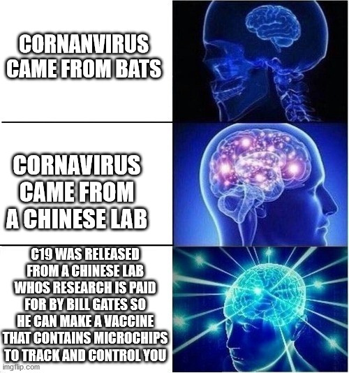 Expanding Brain Coronavirus | CORNANVIRUS CAME FROM BATS; CORNAVIRUS CAME FROM A CHINESE LAB; C19 WAS RELEASED FROM A CHINESE LAB WHOS RESEARCH IS PAID FOR BY BILL GATES SO HE CAN MAKE A VACCINE THAT CONTAINS MICROCHIPS TO TRACK AND CONTROL YOU | image tagged in expanding brain coronavirus,coronavirus,covid-19,covid 19,chinese,wuhan | made w/ Imgflip meme maker