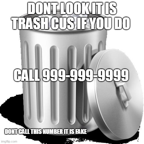 trash | DONT LOOK IT IS TRASH CUS IF YOU DO; CALL 999-999-9999; DONT CALL THIS NUMBER IT IS FAKE | image tagged in trash can full | made w/ Imgflip meme maker