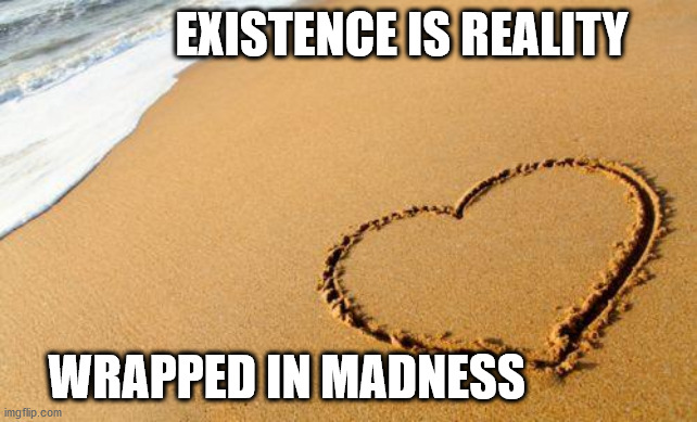 The true meaning of love | EXISTENCE IS REALITY; WRAPPED IN MADNESS | image tagged in beach heart | made w/ Imgflip meme maker
