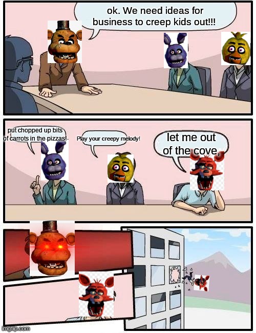 well.... | ok. We need ideas for business to creep kids out!!! put chopped up bits of carrots in the pizzas! Play your creepy melody! let me out of the cove, | image tagged in memes,boardroom meeting suggestion,fnaf | made w/ Imgflip meme maker