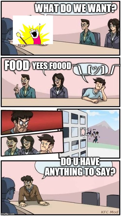 I have no Ideas |  WHAT DO WE WANT? FOOD; YEES FOOOD; ¯\_(ツ)_/¯; DO U HAVE ANYTHING TO SAY? | image tagged in boardroom meeting suggestion 3 | made w/ Imgflip meme maker