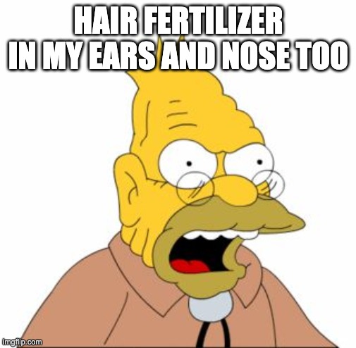 Grandpa Simpson | HAIR FERTILIZER IN MY EARS AND NOSE TOO | image tagged in grandpa simpson | made w/ Imgflip meme maker