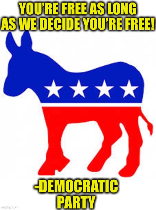 Democrat donkey | YOU’RE FREE AS LONG AS WE DECIDE YOU’RE FREE! -DEMOCRATIC PARTY | image tagged in democrat donkey | made w/ Imgflip meme maker