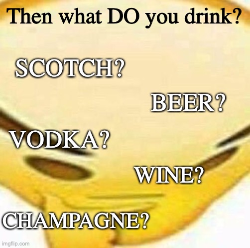 HMMMMMMM | Then what DO you drink? WINE? BEER? VODKA? CHAMPAGNE? SCOTCH? | image tagged in hmmmmmmm | made w/ Imgflip meme maker