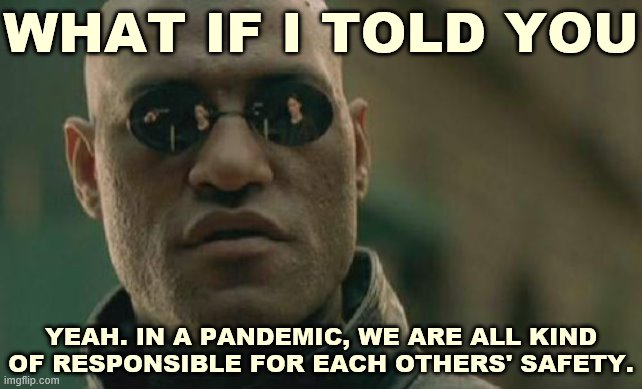 When they double down and prove the point of your meme. | WHAT IF I TOLD YOU; YEAH. IN A PANDEMIC, WE ARE ALL KIND OF RESPONSIBLE FOR EACH OTHERS' SAFETY. | image tagged in memes,matrix morpheus,pandemic,social distancing,covid-19,coronavirus | made w/ Imgflip meme maker