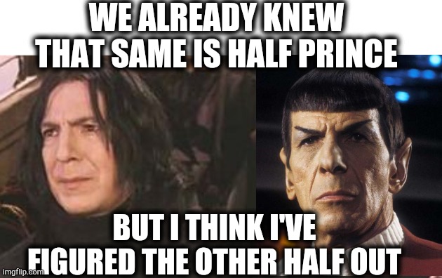 Snape ancestry meme | WE ALREADY KNEW THAT SAME IS HALF PRINCE; BUT I THINK I'VE FIGURED THE OTHER HALF OUT | image tagged in snape snape meme memes harry potter memes harry potter spok spok memes vulcan vulcan memes snape ancestry half blood prince poti | made w/ Imgflip meme maker