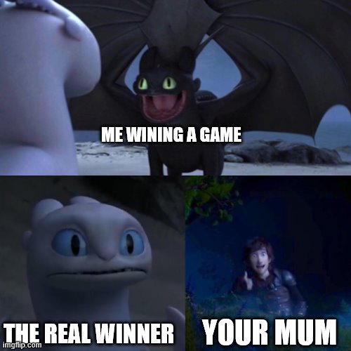 HTTYD Thumbs up | ME WINING A GAME; THE REAL WINNER; YOUR MUM | image tagged in httyd thumbs up | made w/ Imgflip meme maker