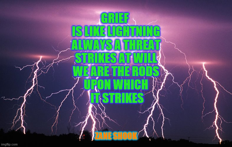 Grief Lightning | GRIEF 
IS LIKE LIGHTNING
ALWAYS A THREAT
STRIKES AT WILL
WE ARE THE RODS
UPON WHICH
 IT STRIKES; ZANE SHOOK | image tagged in grief | made w/ Imgflip meme maker