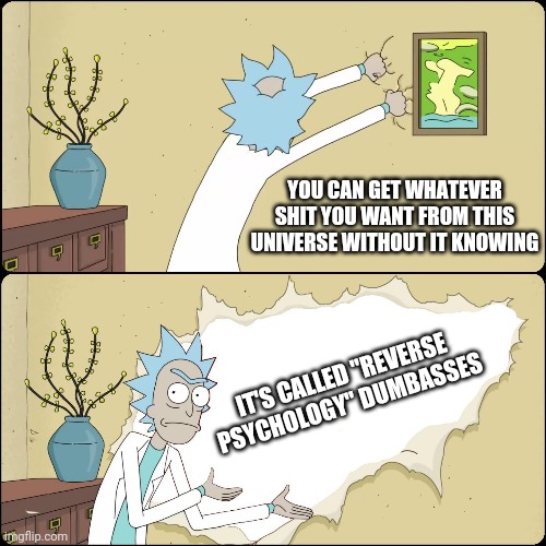Rick Knowledge | YOU CAN GET WHATEVER SHIT YOU WANT FROM THIS UNIVERSE WITHOUT IT KNOWING; IT'S CALLED "REVERSE PSYCHOLOGY" DUMBASSES | image tagged in rick ripping fourth wall | made w/ Imgflip meme maker