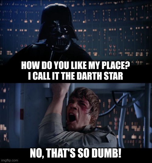 The Darth Star | HOW DO YOU LIKE MY PLACE? I CALL IT THE DARTH STAR; NO, THAT'S SO DUMB! | image tagged in memes,star wars no | made w/ Imgflip meme maker