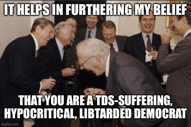 Laughing Men In Suits Meme | IT HELPS IN FURTHERING MY BELIEF THAT YOU ARE A TDS-SUFFERING, HYPOCRITICAL, LIBTARDED DEMOCRAT | image tagged in memes,laughing men in suits | made w/ Imgflip meme maker