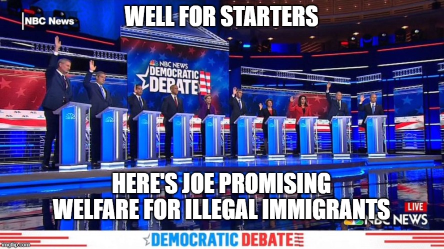 Democrat Debates Raise Hands | WELL FOR STARTERS HERE'S JOE PROMISING WELFARE FOR ILLEGAL IMMIGRANTS | image tagged in democrat debates raise hands | made w/ Imgflip meme maker