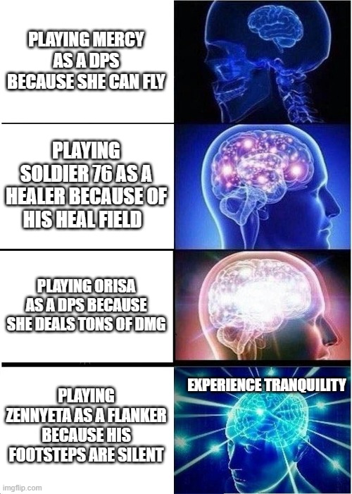 Expanding Brain Meme | PLAYING MERCY AS A DPS BECAUSE SHE CAN FLY; PLAYING SOLDIER 76 AS A HEALER BECAUSE OF HIS HEAL FIELD; PLAYING ORISA AS A DPS BECAUSE SHE DEALS TONS OF DMG; EXPERIENCE TRANQUILITY; PLAYING ZENNYETA AS A FLANKER BECAUSE HIS FOOTSTEPS ARE SILENT | image tagged in memes,expanding brain,overwatch,mercy,soldier 76,orisa | made w/ Imgflip meme maker