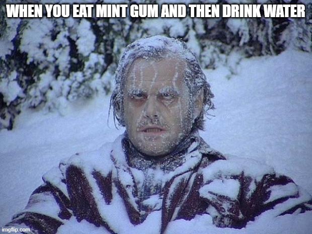 Klondike vibes | WHEN YOU EAT MINT GUM AND THEN DRINK WATER | image tagged in memes,jack nicholson the shining snow | made w/ Imgflip meme maker