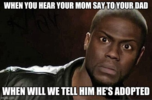 Kevin Hart Meme | WHEN YOU HEAR YOUR MOM SAY TO YOUR DAD; WHEN WILL WE TELL HIM HE'S ADOPTED | image tagged in memes,kevin hart | made w/ Imgflip meme maker